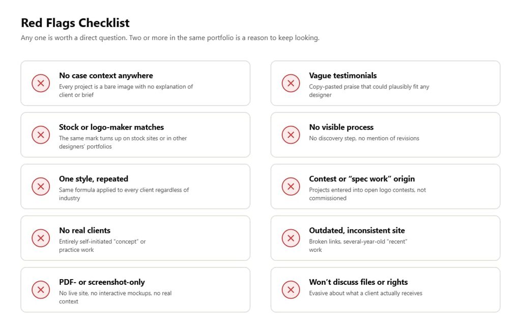 Checklist icon graphic listing the ten portfolio red flags to watch for