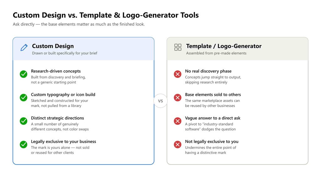 Comparison of a custom-designed logo process versus a template or logo-generator based logo