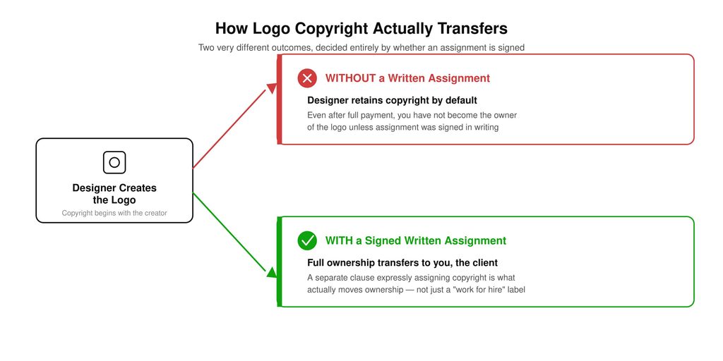 Diagram showing how copyright ownership transfers from designer to client via written assignment
