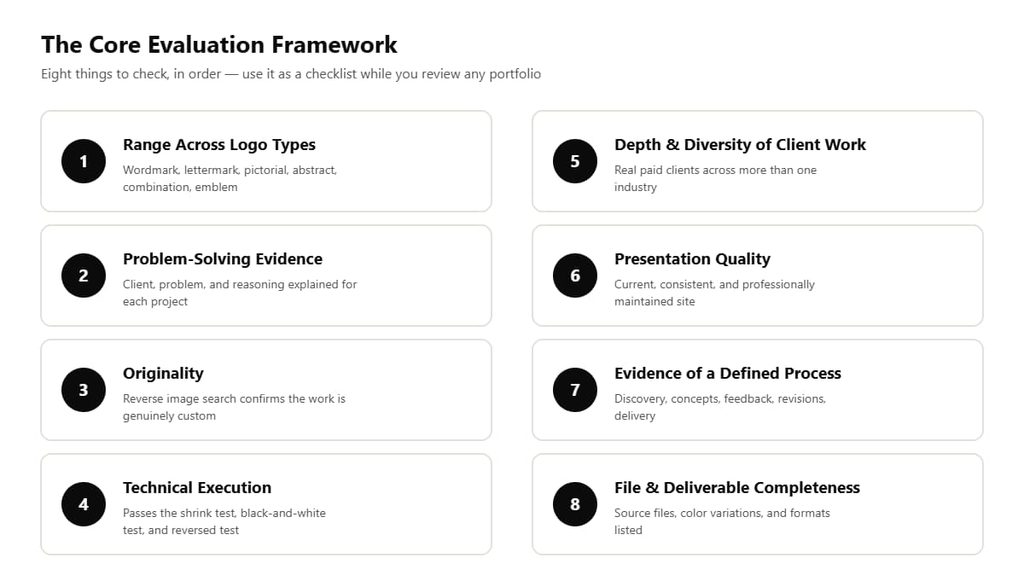 Eight step framework for evaluating a logo designer's portfolio