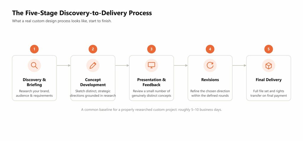 Five-stage custom logo design process discovery, concept development, presentation, revisions, final delivery