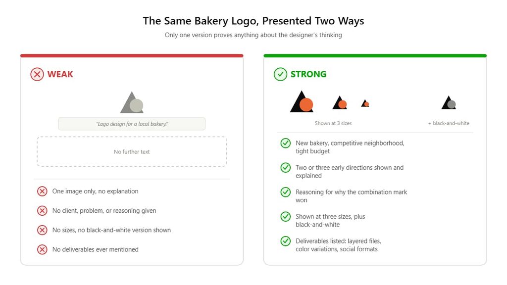 Side-by-side comparison of a weak portfolio case study versus a strong, process-documented case study