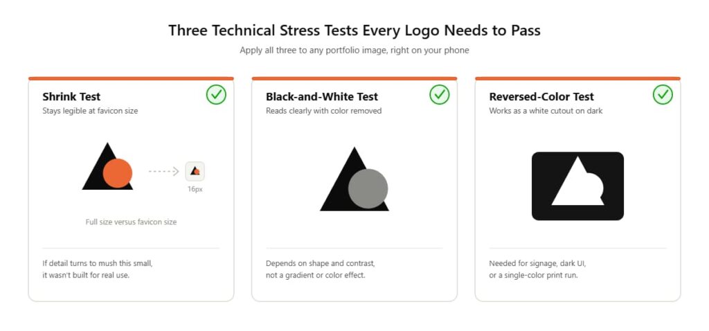 Illustration of the shrink test, black-and-white test, and reversed-color test applied to a sample logo
