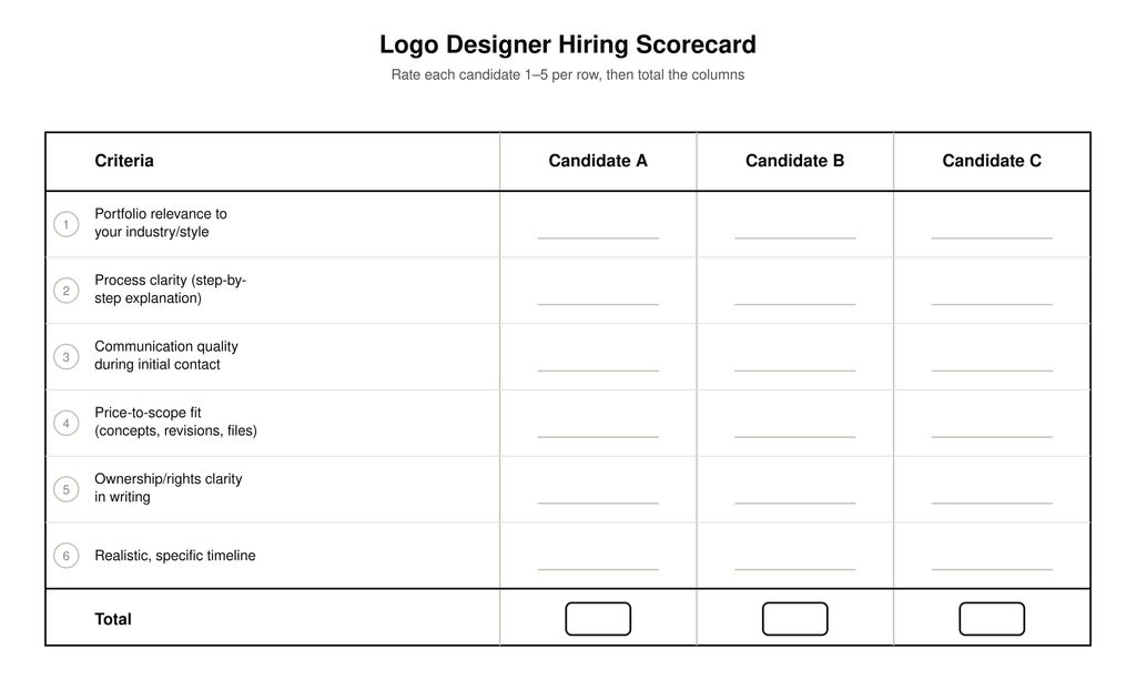 Visual template of the logo designer hiring scorecard with scoring criteria