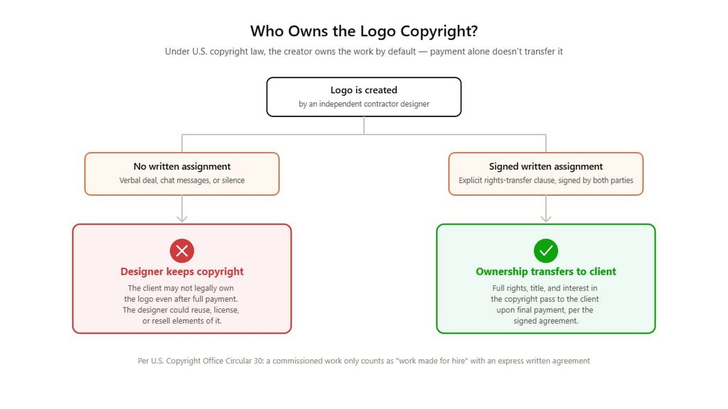 Flowchart showing who owns a commissioned logo's copyright with and without a written rights-transfer agreement
