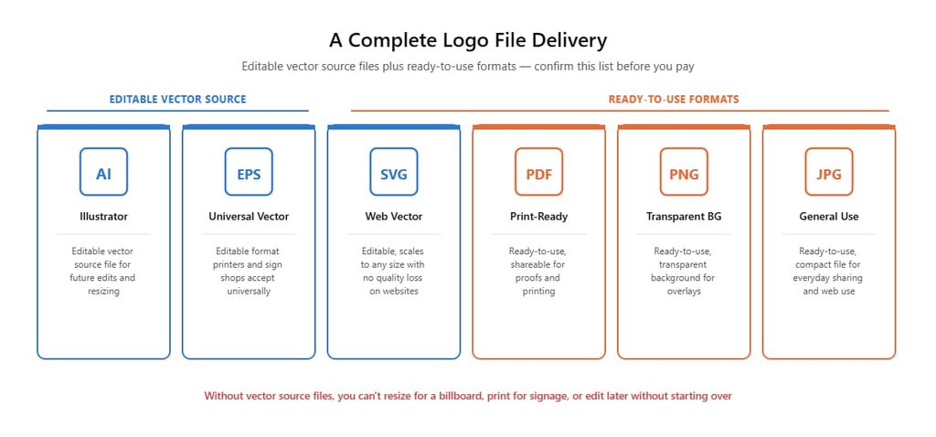 Diagram of logo file deliverables including AI, EPS, SVG, PDF, PNG, and JPG formats and when each is used