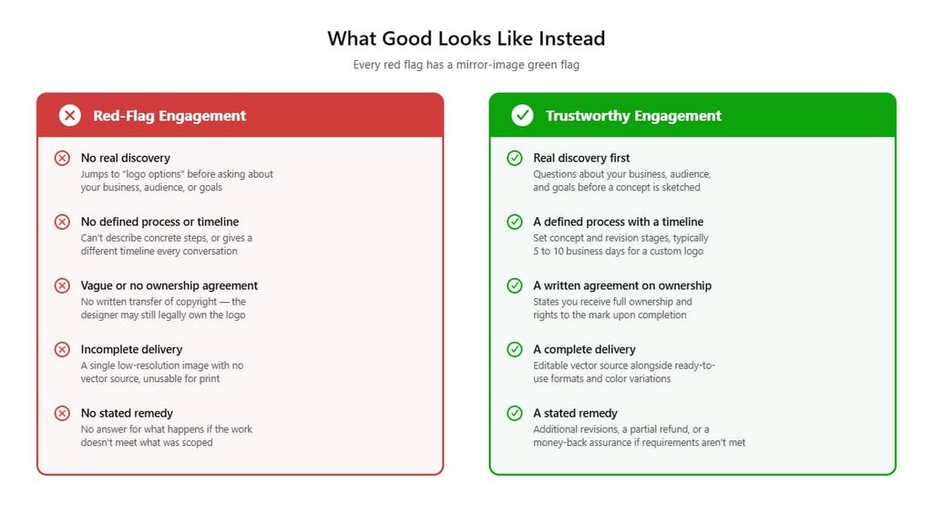 Side-by-side comparison of a red-flag logo design engagement versus a trustworthy, well-structured one