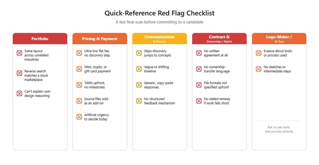 Printable checklist icon summarizing all logo designer red flags by category