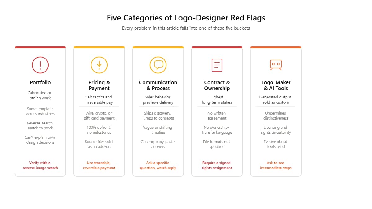 Five categories of logo designer red flags: portfolio, pricing, communication, contract and rights, and AI logo-maker deception