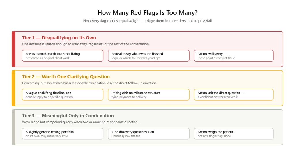 Three-tier chart classifying red flags as disqualifying, worth a clarifying question, or meaningful only in combination