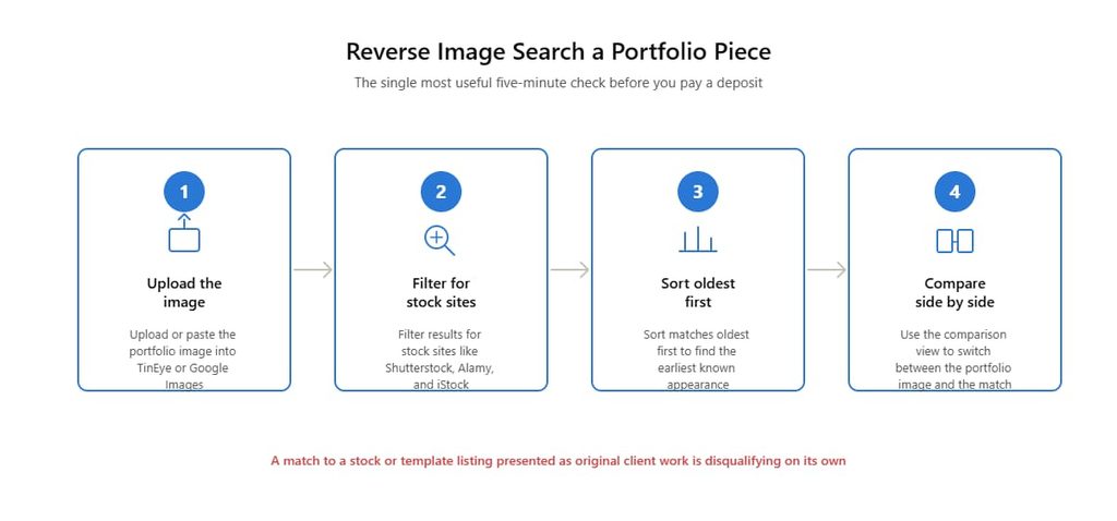 Four-step diagram showing how to reverse image search a logo portfolio piece using TinEye